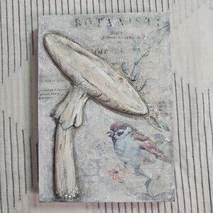 Mushroom & Bird Handmade Mixed Media Relief Shabby Chic Boho Wall Art 7" x 5"